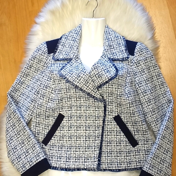 Chico's Moto Tweed Trim Detail Navy Jacket - Picture 9 of 15